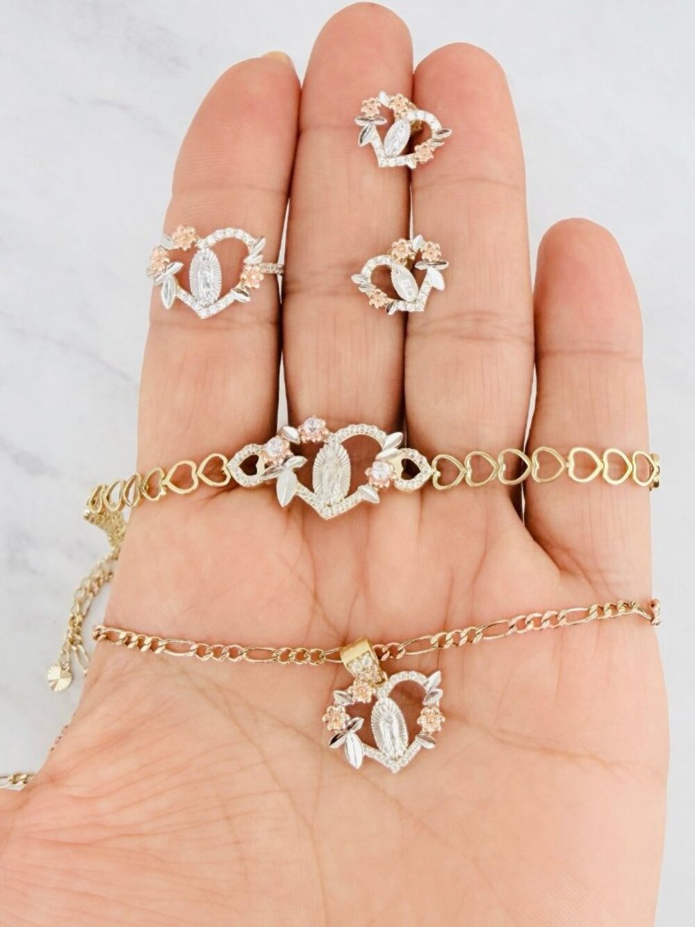 10k gold pendant necklace set - Virgin Mary heart - Set en oro Virgen Guadalupe